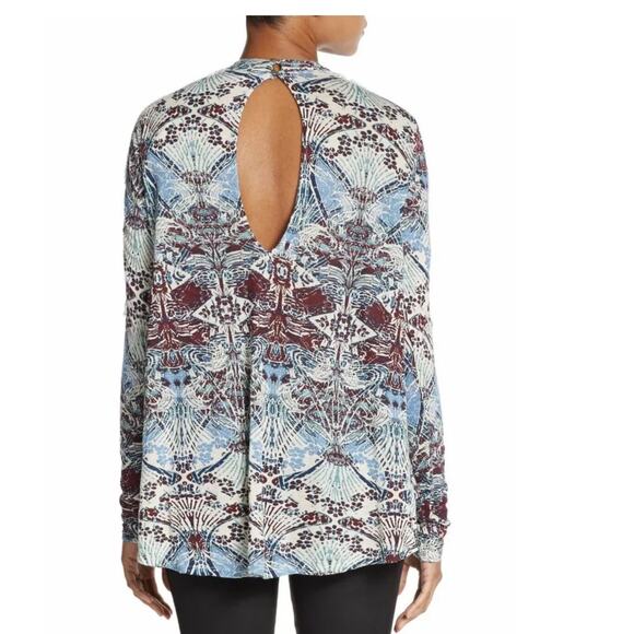 Free People Nouveau Printed Top Women's Casual Lace High Low Linen Western Boho - Picture 2 of 8